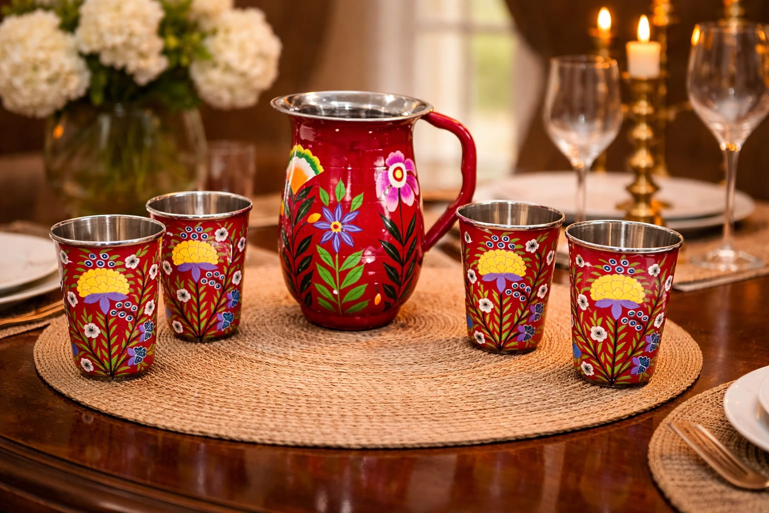 Enamelware jug,set of 4 enamelware glass with enamelware tumbler, kashmiri enamelware,enamelware tumbler,hand painted